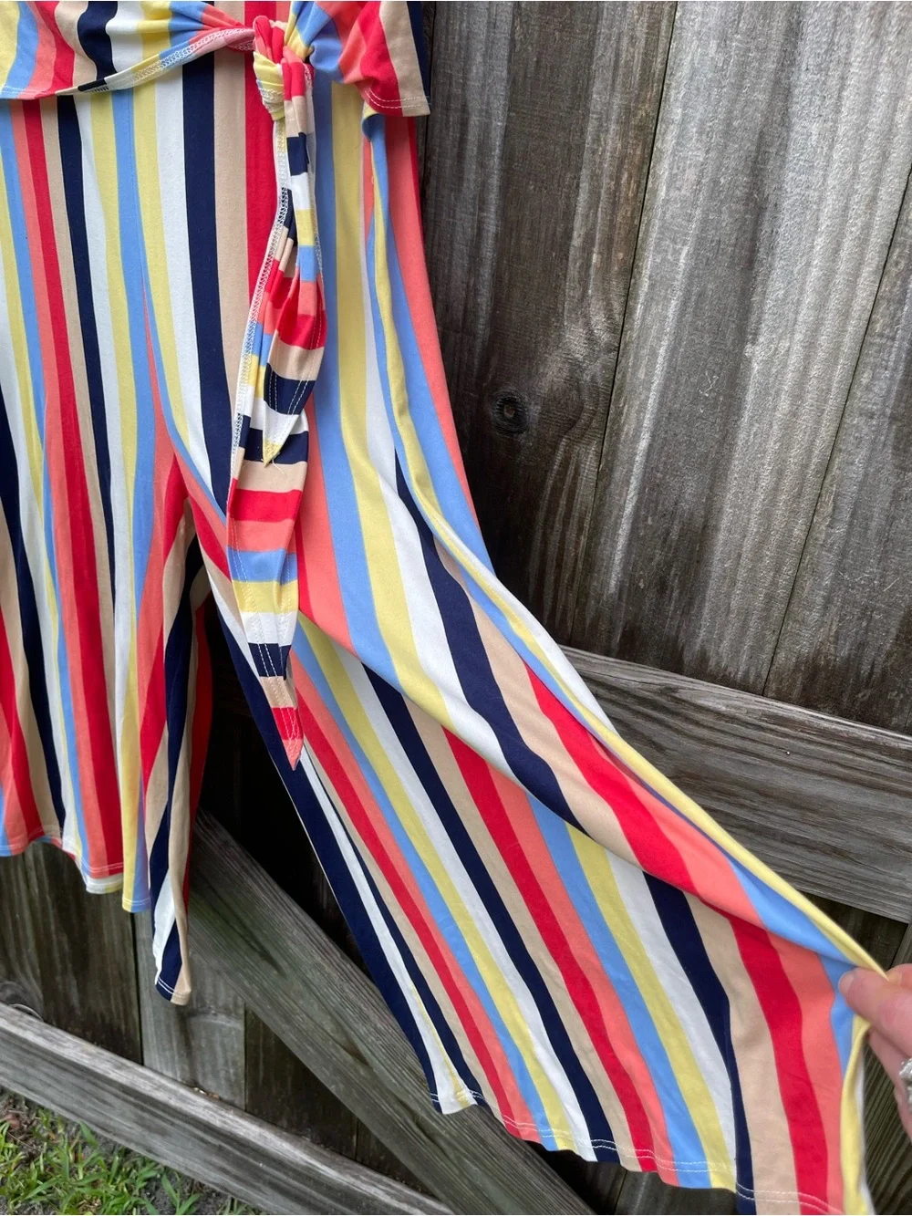 Striped Wrap-Front Short Sleeve Jumpsuit in Multi Color size 1X - Picture 4 of 10